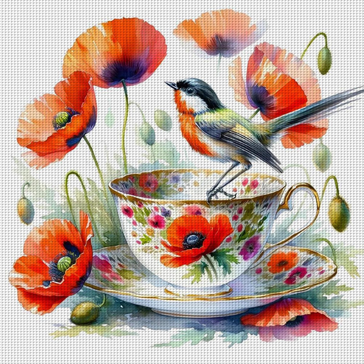 Poppy, Bird And Teacup - Full 14CT Counted Cross Stitch 40x40CM - Yishu