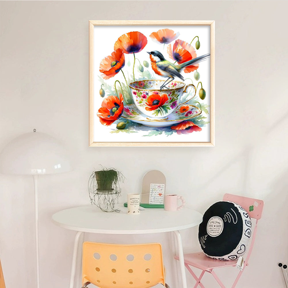 Poppy, Bird And Teacup - Full 14CT Counted Cross Stitch 40x40CM - Yishu