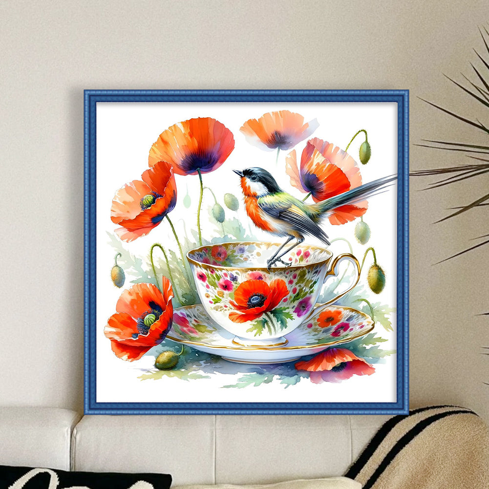 Poppy, Bird And Teacup - Full 14CT Counted Cross Stitch 40x40CM - Yishu