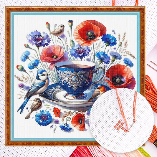 Poppy, Bird And Teacup - Full 14CT Counted Cross Stitch 40x40CM - Yishu