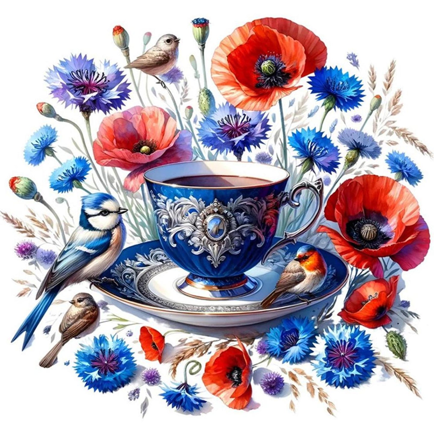 Poppy, Bird And Teacup - Full 14CT Counted Cross Stitch 40x40CM - Yishu