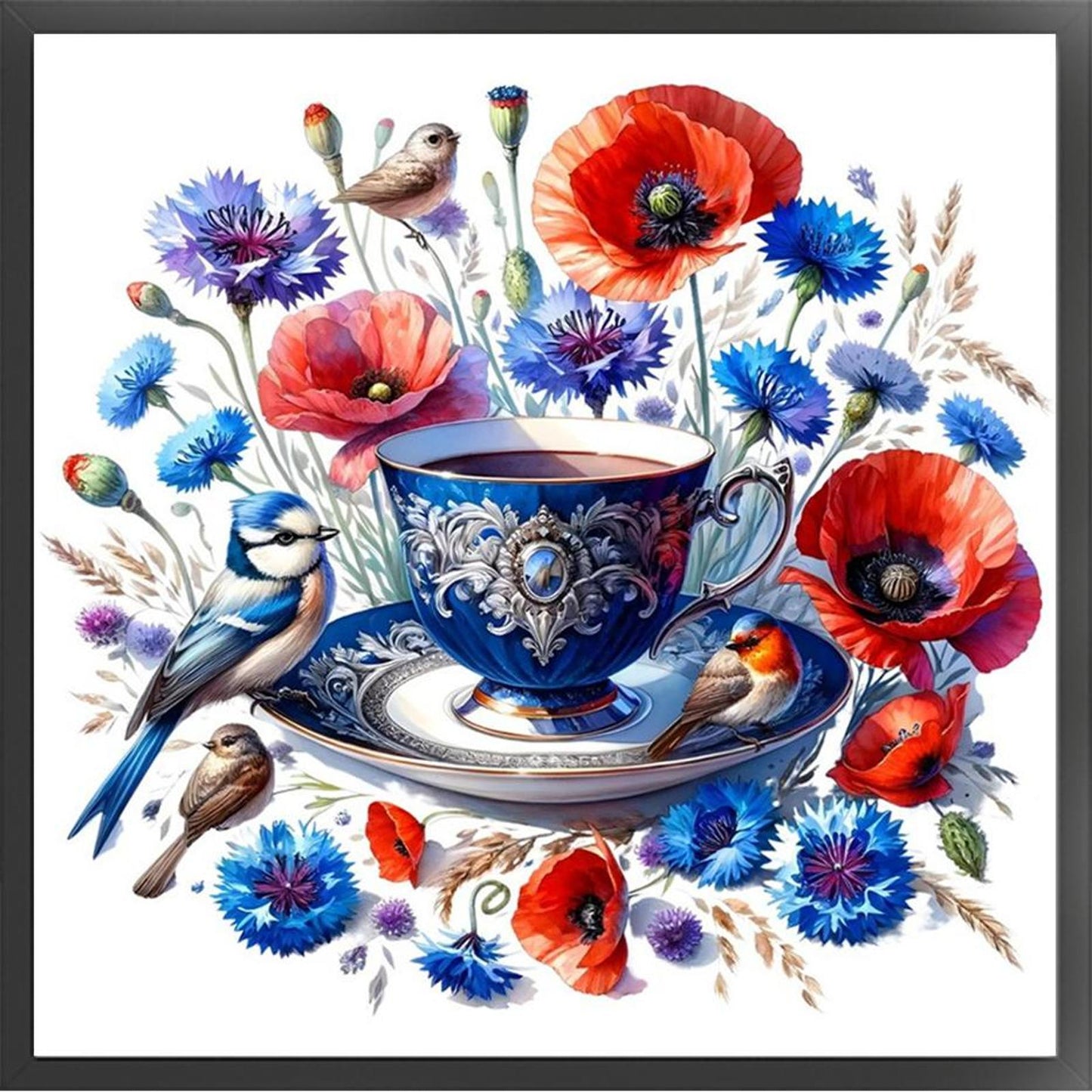 Poppy, Bird And Teacup - Full 14CT Counted Cross Stitch 40x40CM - Yishu