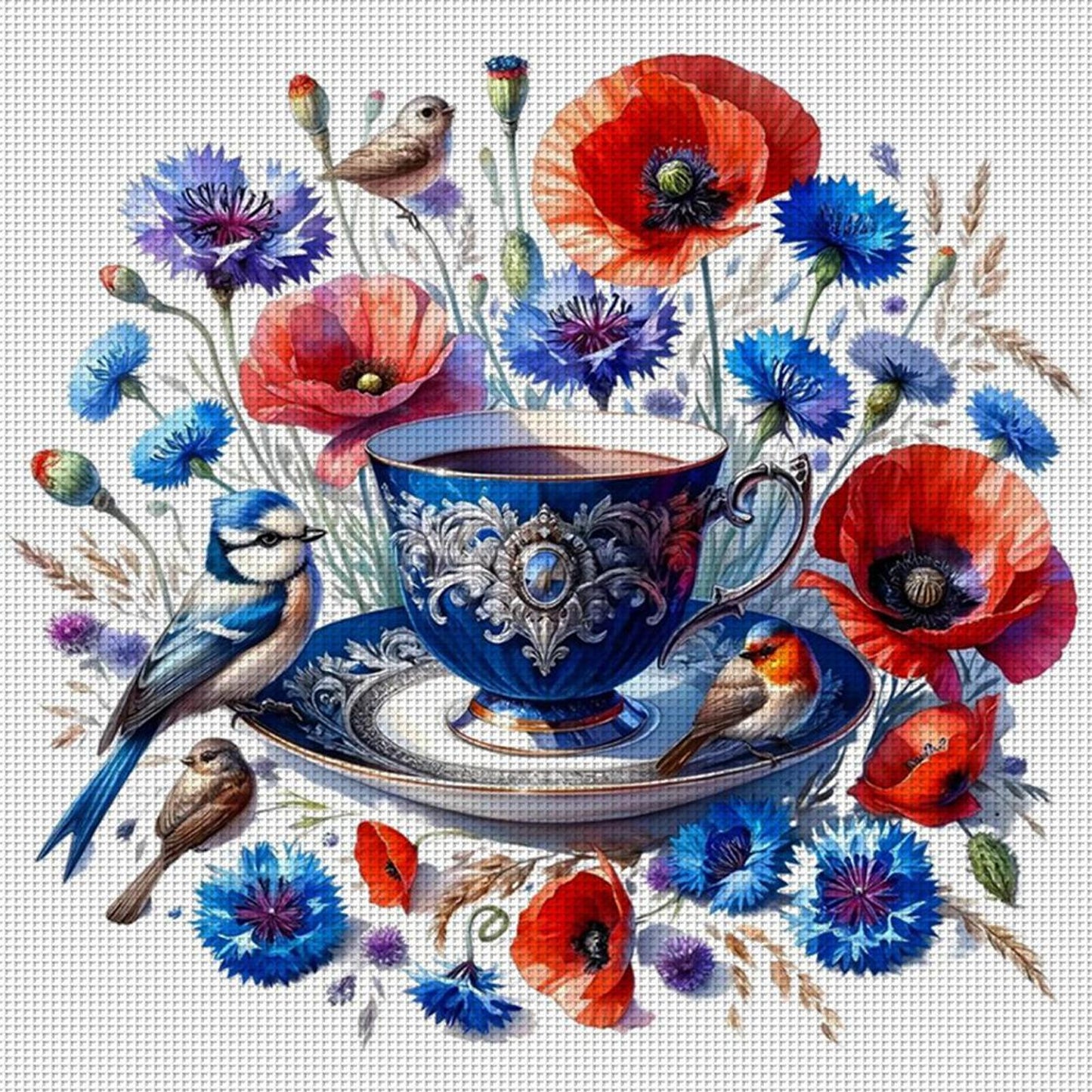 Poppy, Bird And Teacup - Full 14CT Counted Cross Stitch 40x40CM - Yishu