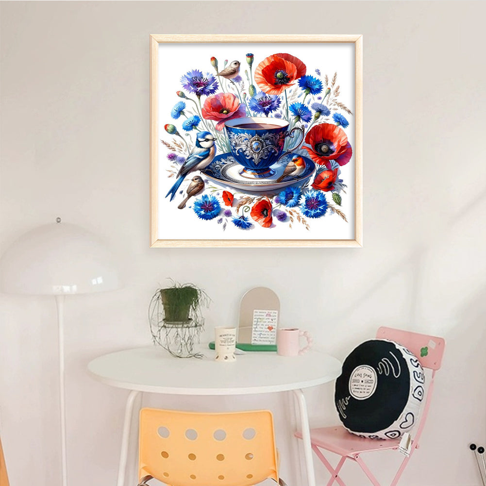Poppy, Bird And Teacup - Full 14CT Counted Cross Stitch 40x40CM - Yishu
