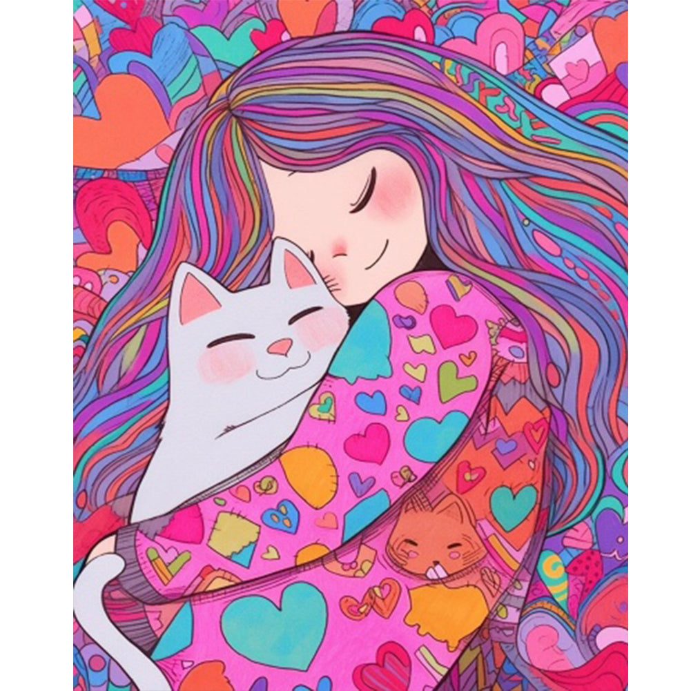 Loving Cat Girl 40*50CM(Canvas) Full Round Drill Diamond Painting(Partial AB)
