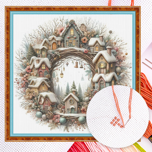 Winter Cabin With Wreath - Full 14CT Counted Cross Stitch 40x40CM - Yishu