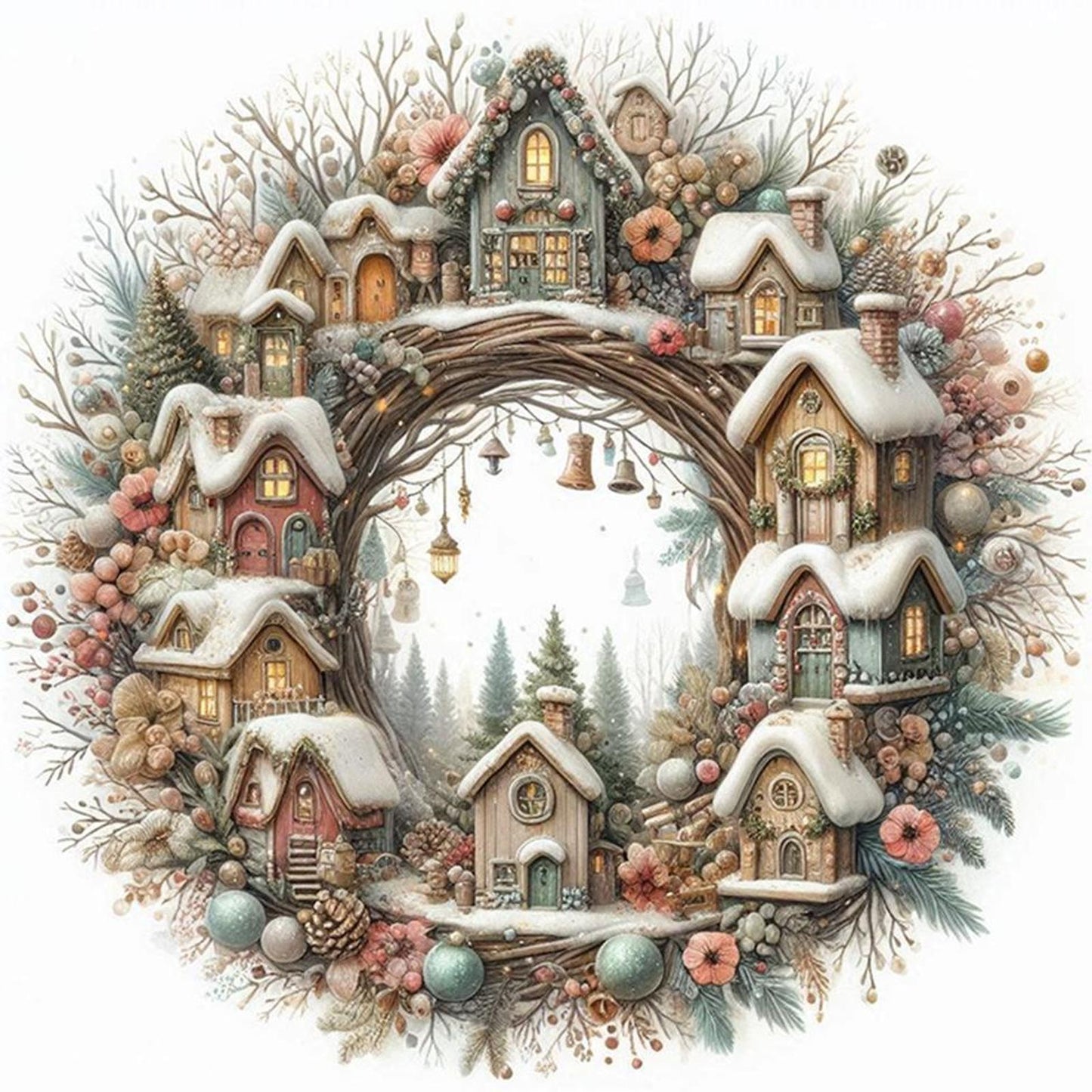 Winter Cabin With Wreath - Full 14CT Counted Cross Stitch 40x40CM - Yishu