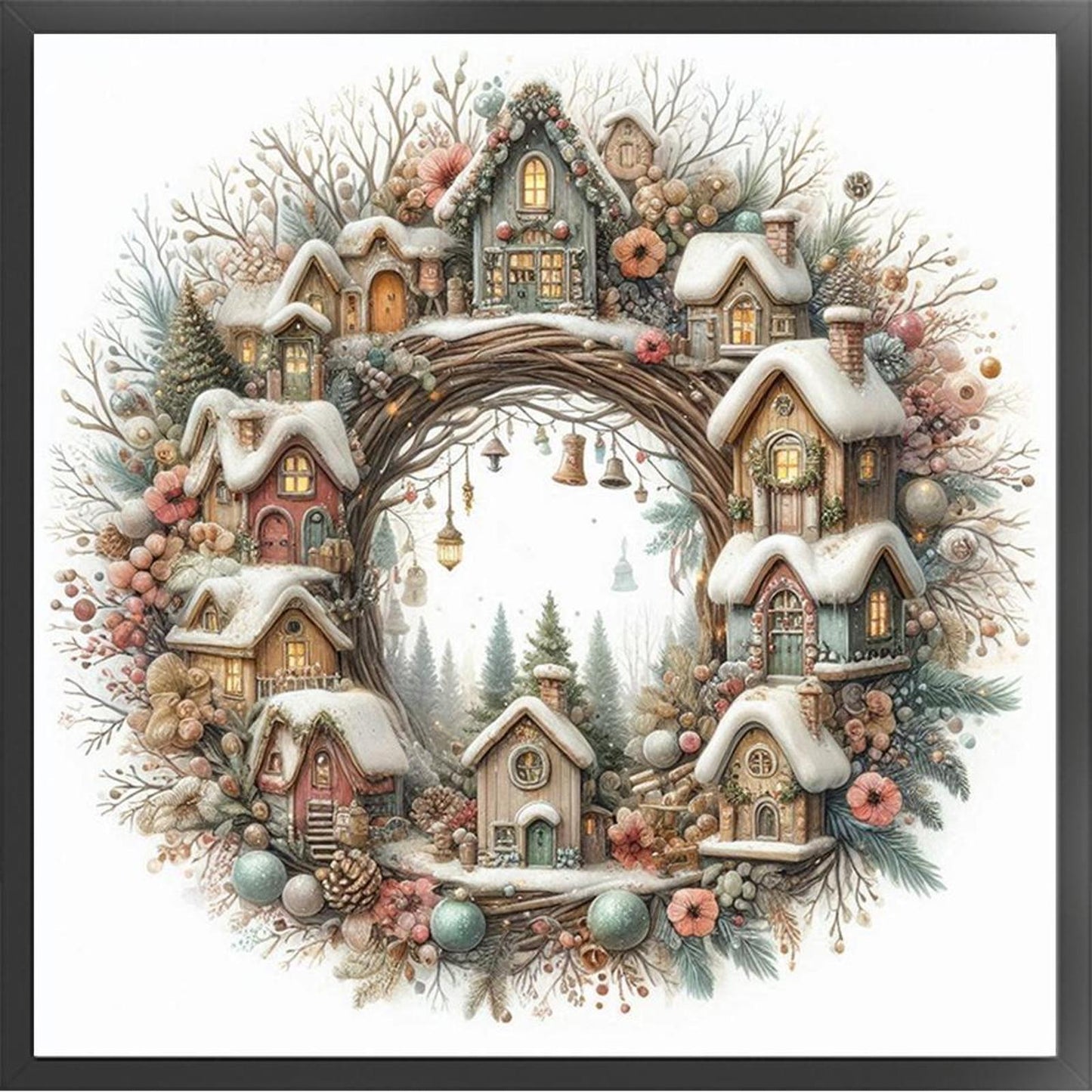 Winter Cabin With Wreath - Full 14CT Counted Cross Stitch 40x40CM - Yishu