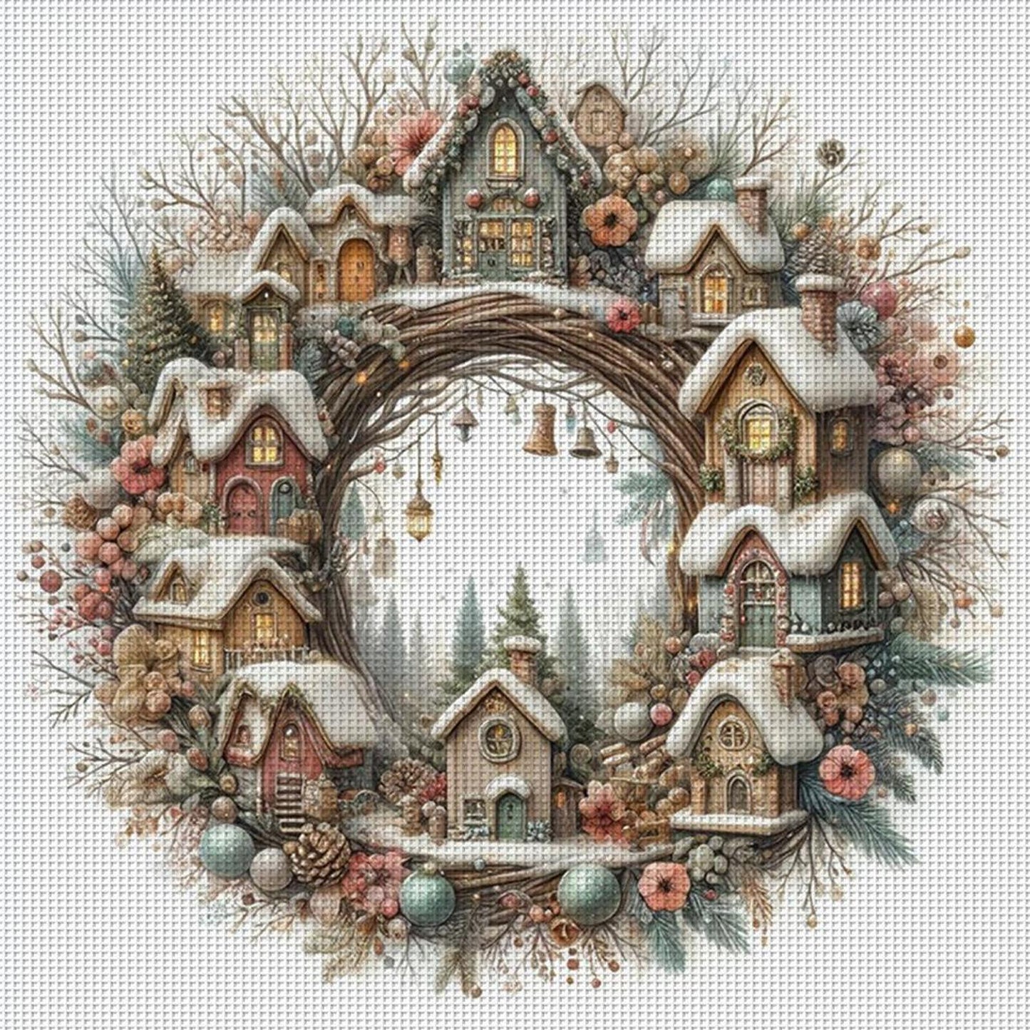 Winter Cabin With Wreath - Full 14CT Counted Cross Stitch 40x40CM - Yishu