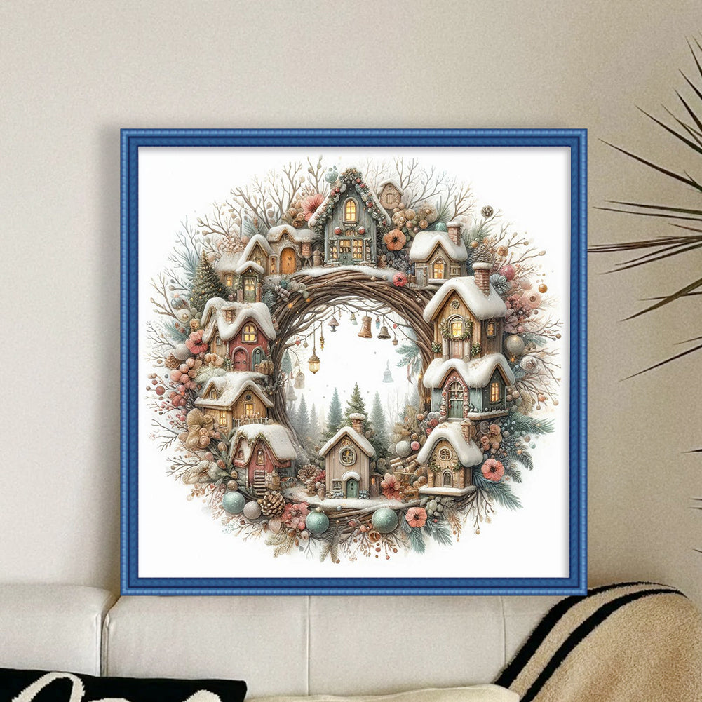 Winter Cabin With Wreath - Full 14CT Counted Cross Stitch 40x40CM - Yishu