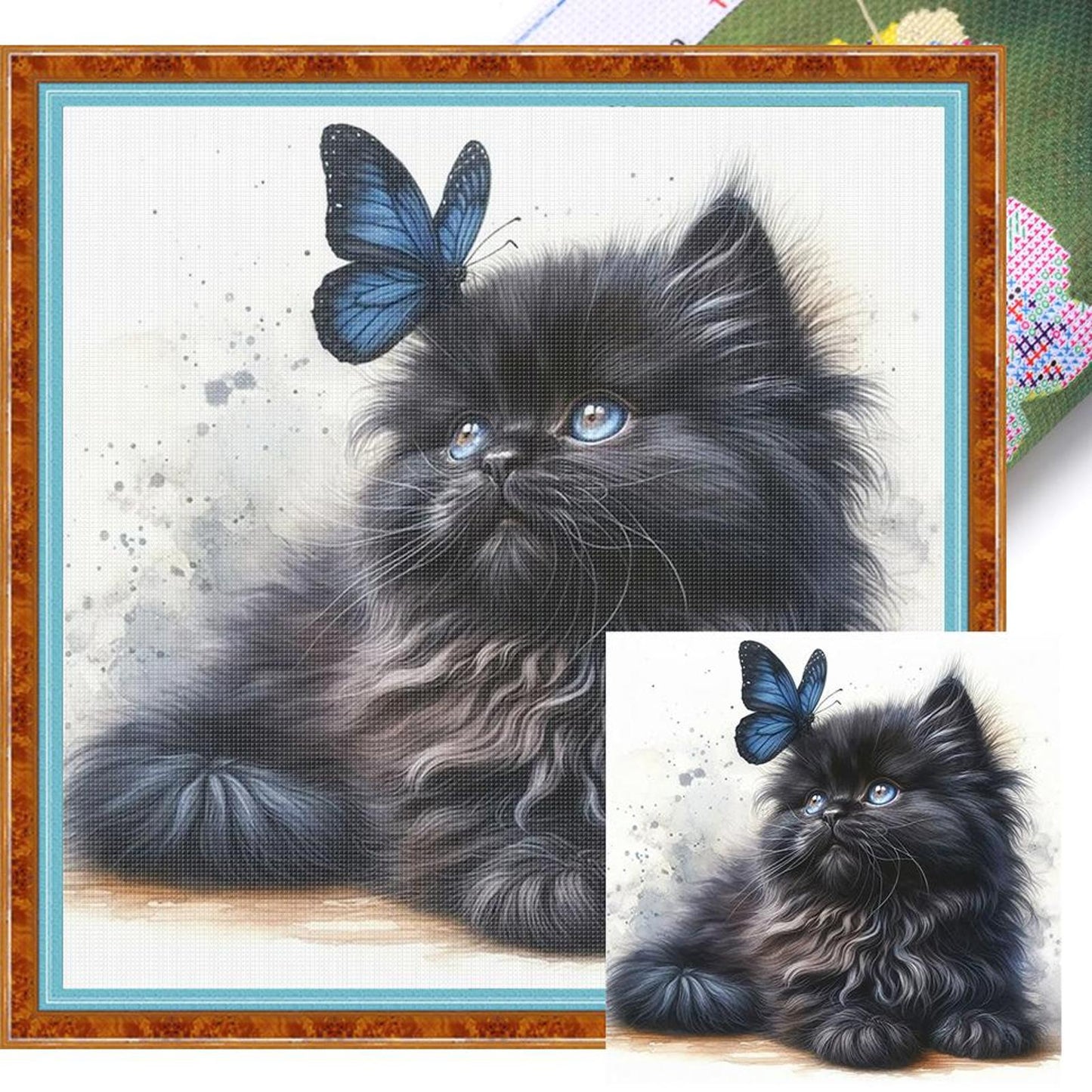 Butterfly And Black Cat - Full 18CT Stamped Cross Stitch 25x25CM - Huacan