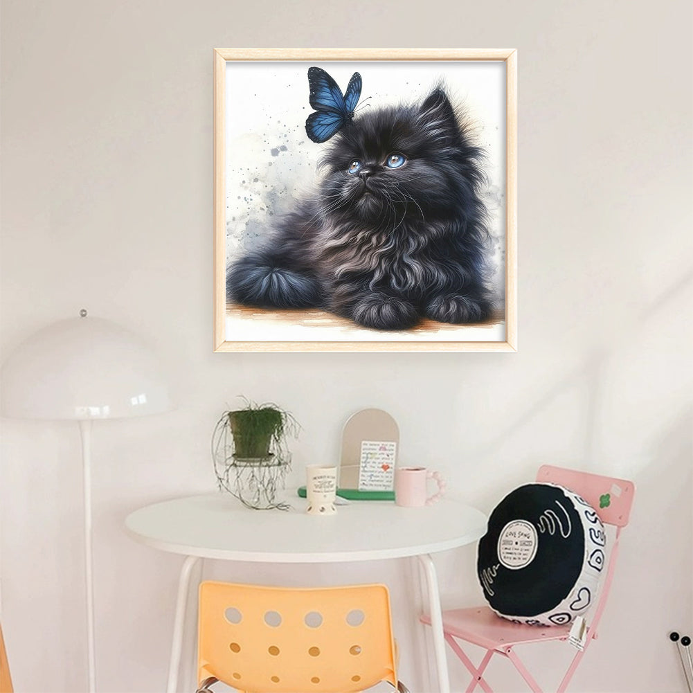 Butterfly And Black Cat - Full 18CT Stamped Cross Stitch 25x25CM - Huacan