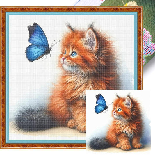 Butterfly And Orange Cat - Full 18CT Stamped Cross Stitch 25x25CM - Huacan