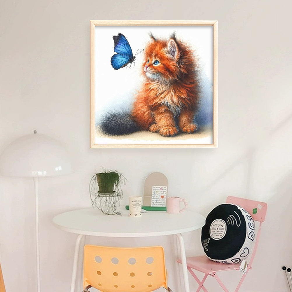 Butterfly And Orange Cat - Full 18CT Stamped Cross Stitch 25x25CM - Huacan