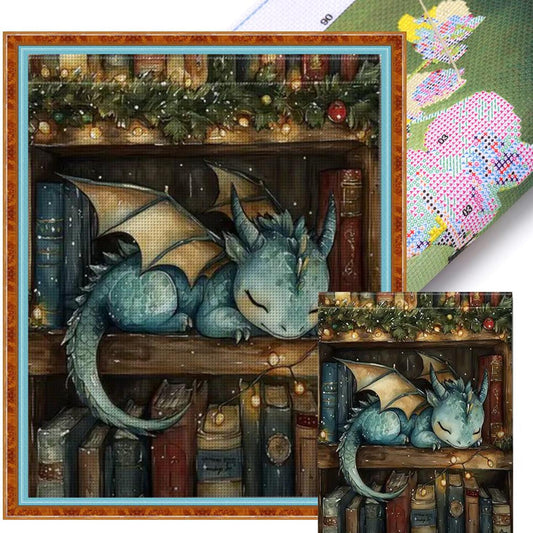 Books And Dragon - Full 11CT Stamped Cross Stitch 40x50CM - Huacan