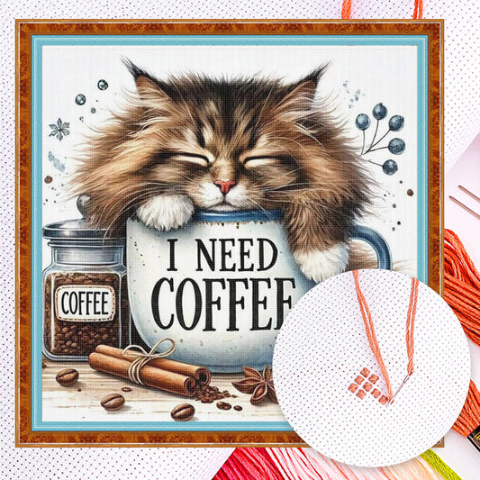 Coffee Cat - Full 11CT Counted Cross Stitch 40x40CM - Yishu