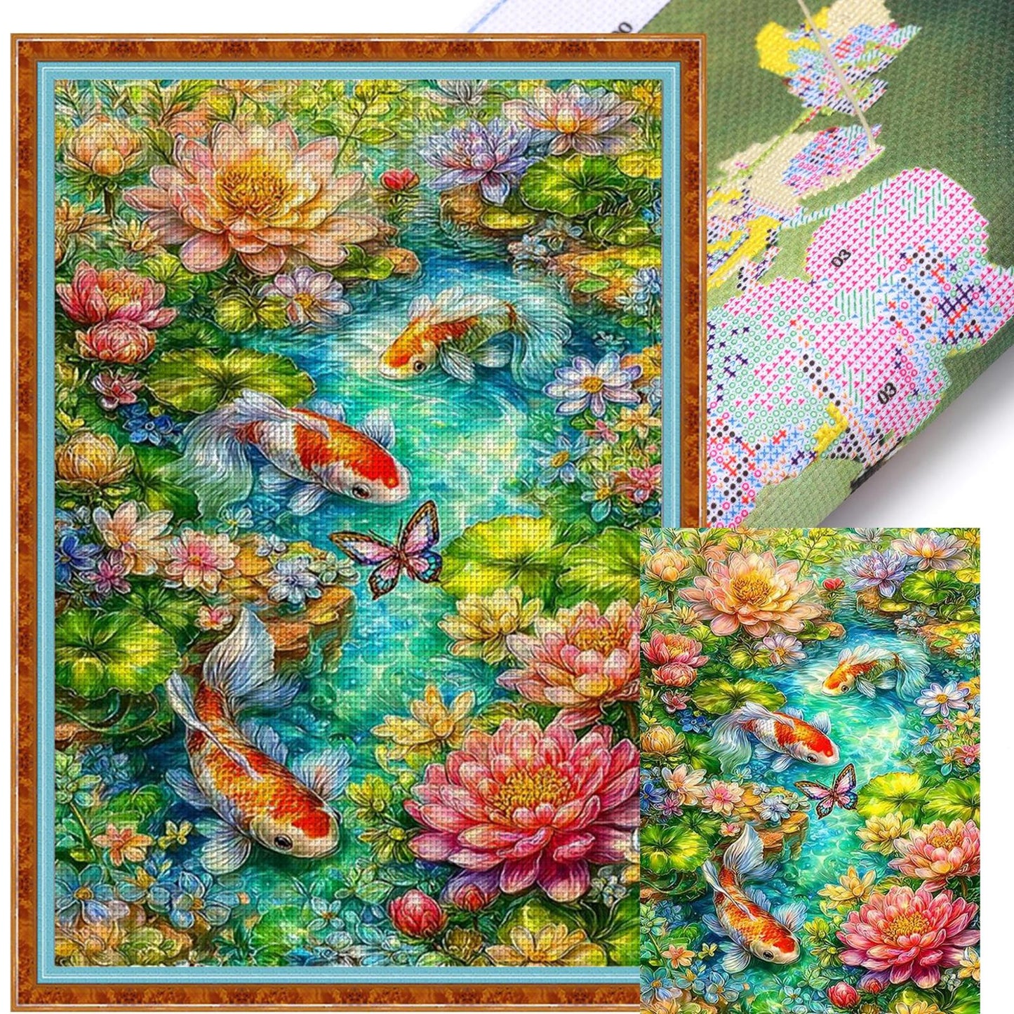 Fish Playing Among Lotus Leaves - Full 11CT Stamped Cross Stitch 50x70CM - Mona Lisa