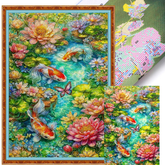 Fish Playing Among Lotus Leaves - Full 11CT Stamped Cross Stitch 50x70CM - Mona Lisa