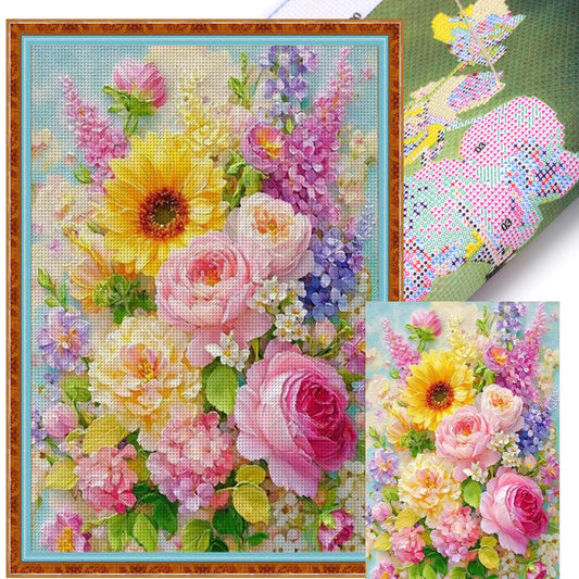 Flourishing Flowers - Full 11CT Stamped Cross Stitch 55x75CM - Mona Lisa