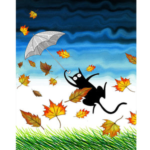 Black Cat With Fallen Leaves 40*50CM(Canvas) Full Round Drill Diamond Painting