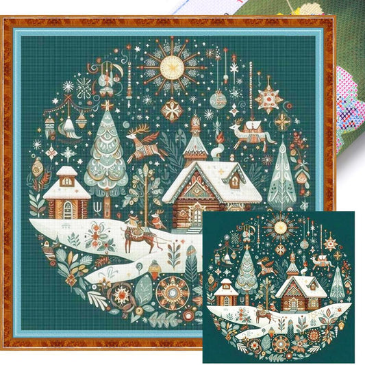 Christmas Wooden Cabin - Full 14CT Stamped Cross Stitch 40x40CM - Huacan