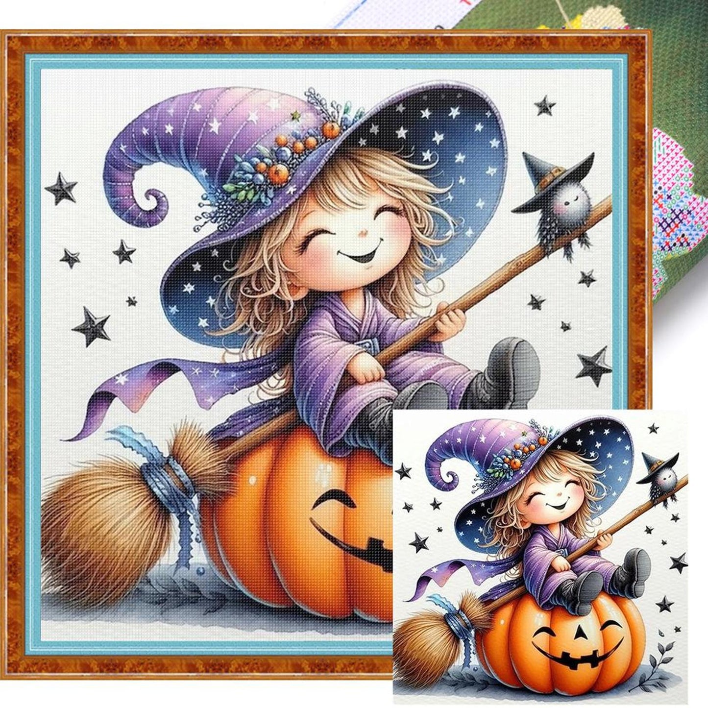 Halloween Witch And Pumpkin - Full 11CT Stamped Cross Stitch 40x40CM - Yishu