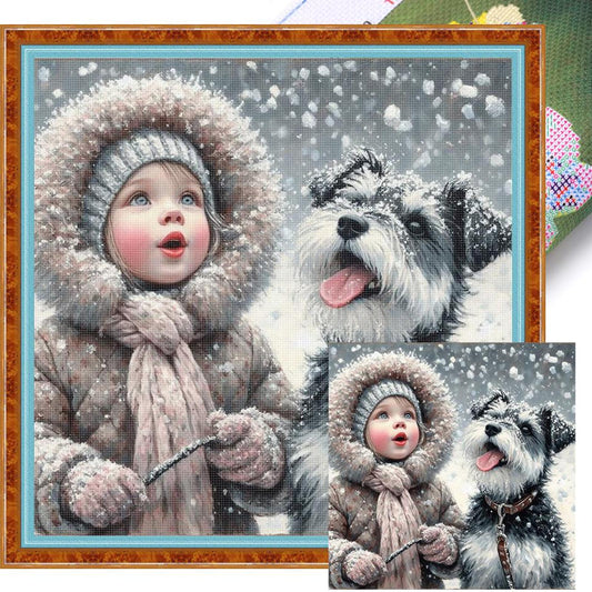 Girl And Dog - Full 11CT Stamped Cross Stitch 40x40CM - Yishu
