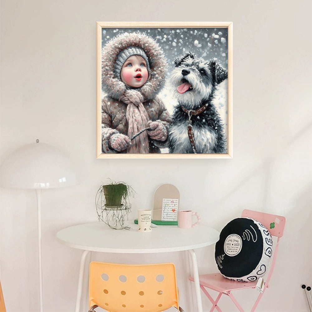 Girl And Dog - Full 11CT Stamped Cross Stitch 40x40CM - Yishu