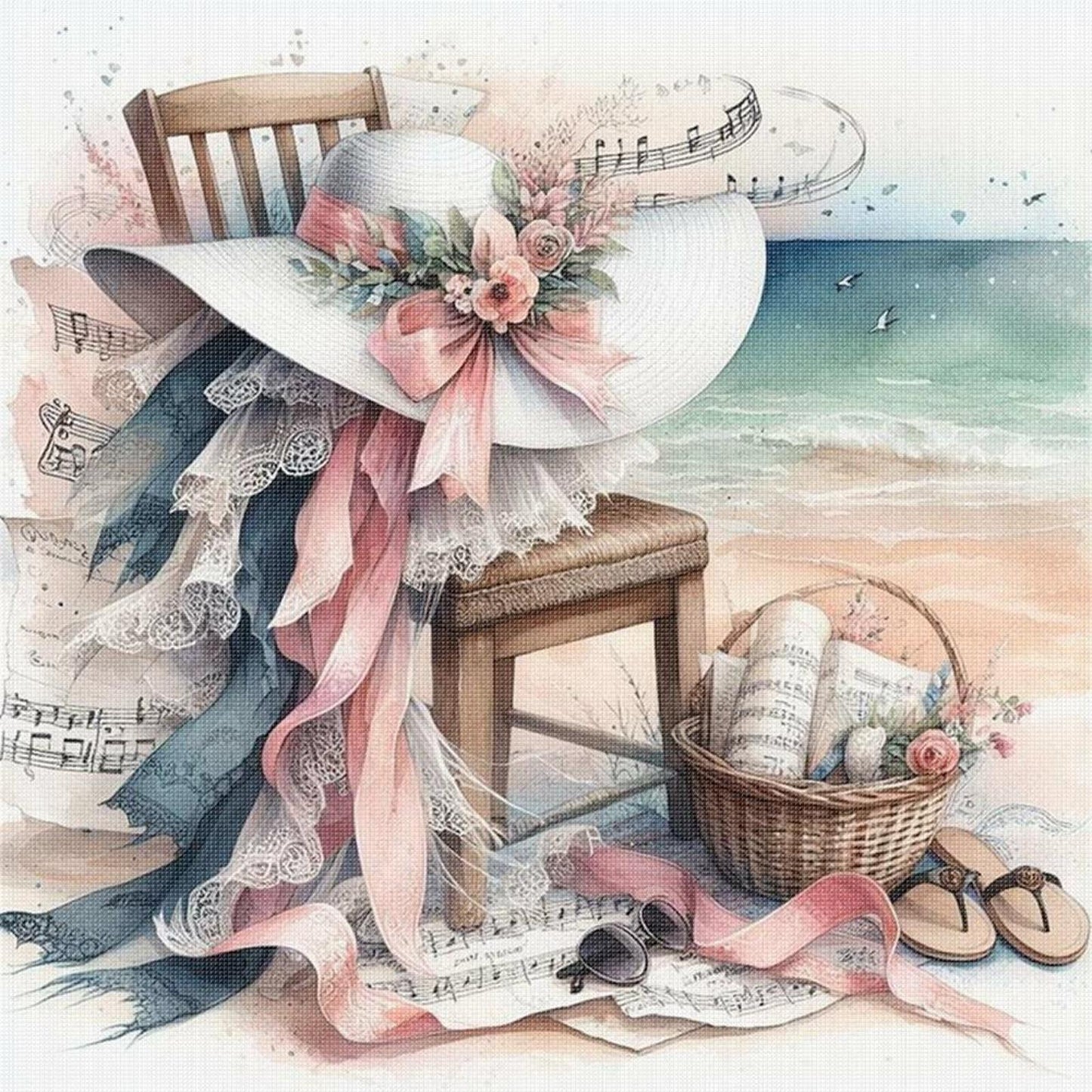 Beach Chair And Flower Hat - Full 11CT Stamped Cross Stitch 40x40CM - Yishu