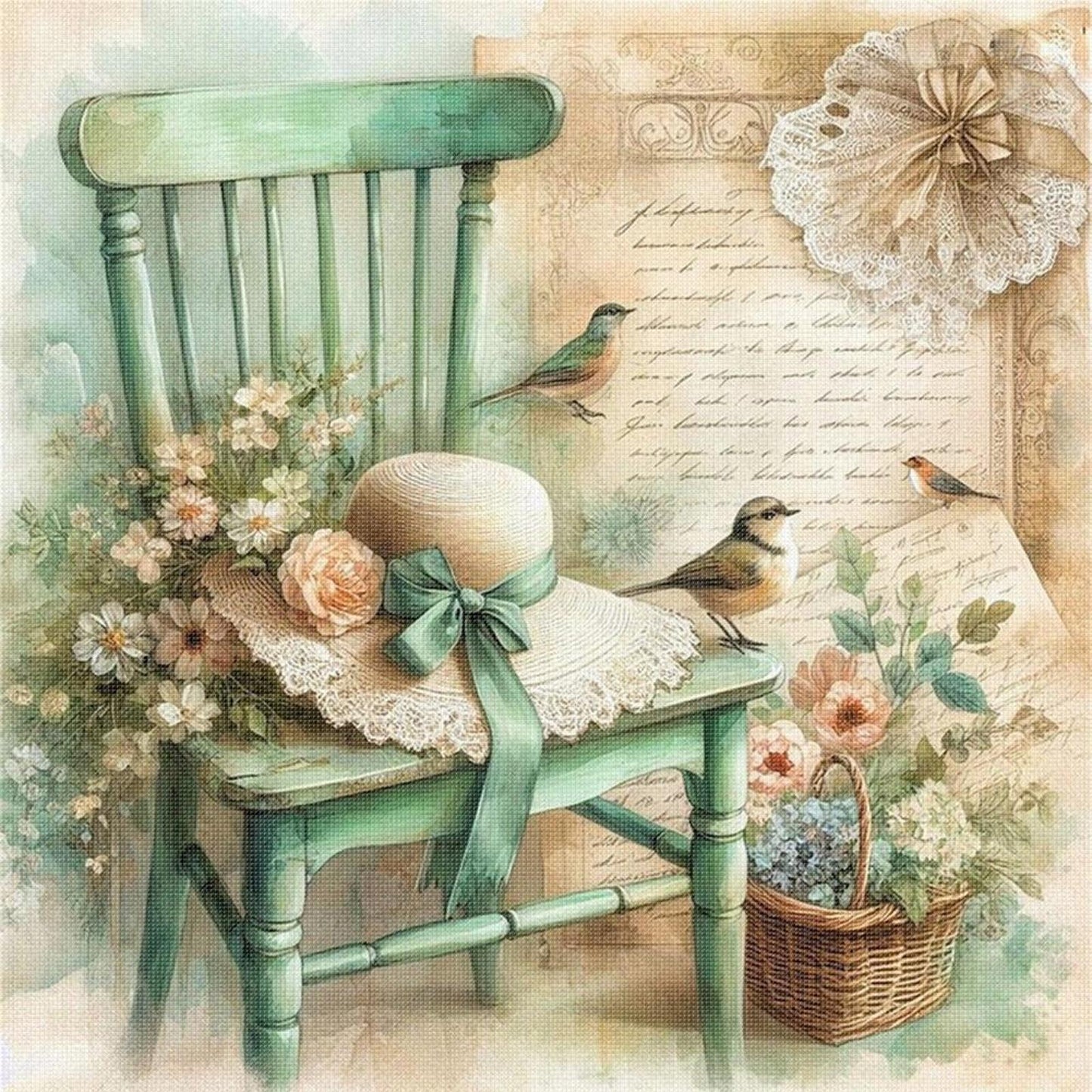 Chair And Flower Hat - Full 11CT Stamped Cross Stitch 40x40CM - Yishu
