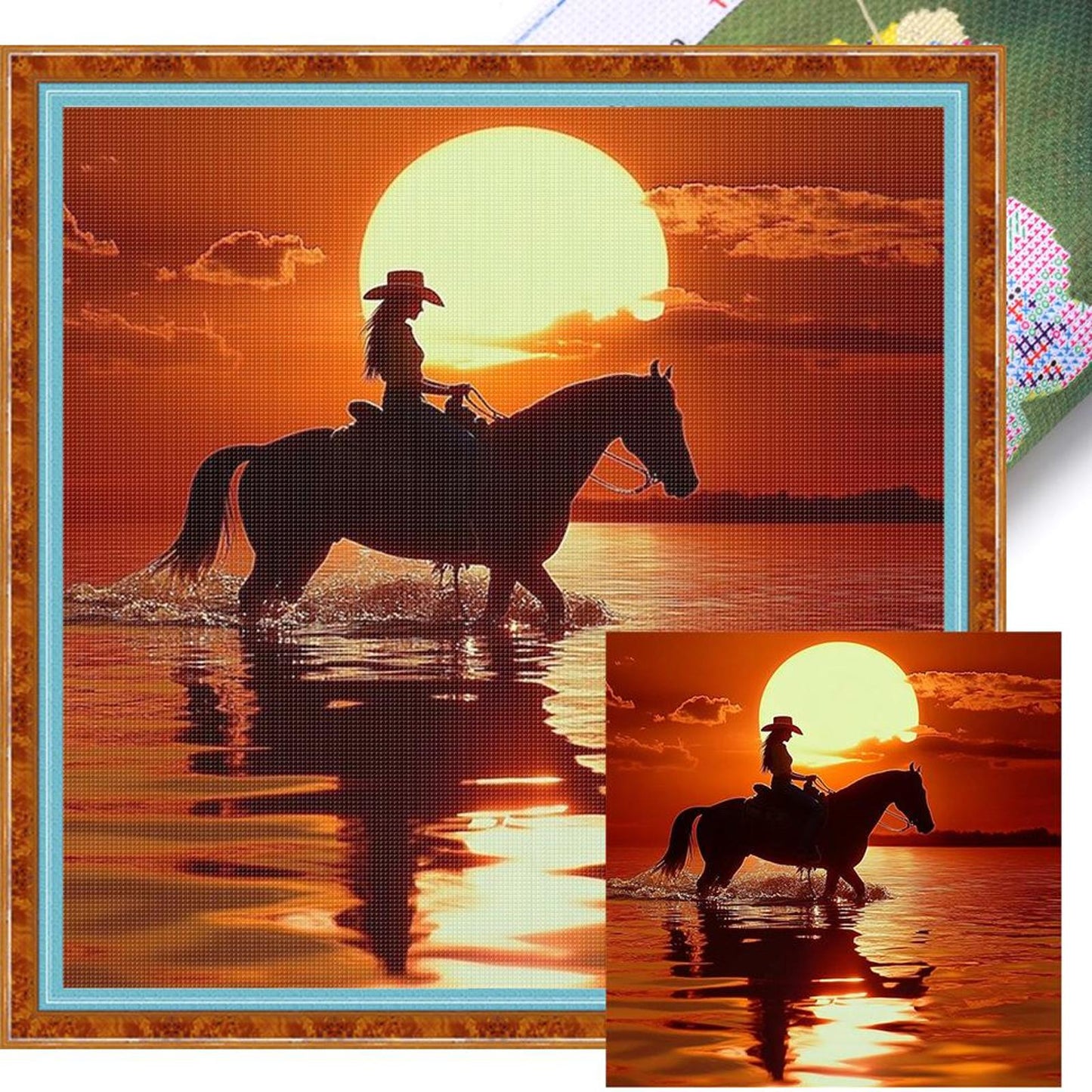 Girl Riding Horse At Sunset - Full 11CT Stamped Cross Stitch 40x40CM - Yishu