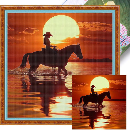 Girl Riding Horse At Sunset - Full 11CT Stamped Cross Stitch 40x40CM - Yishu