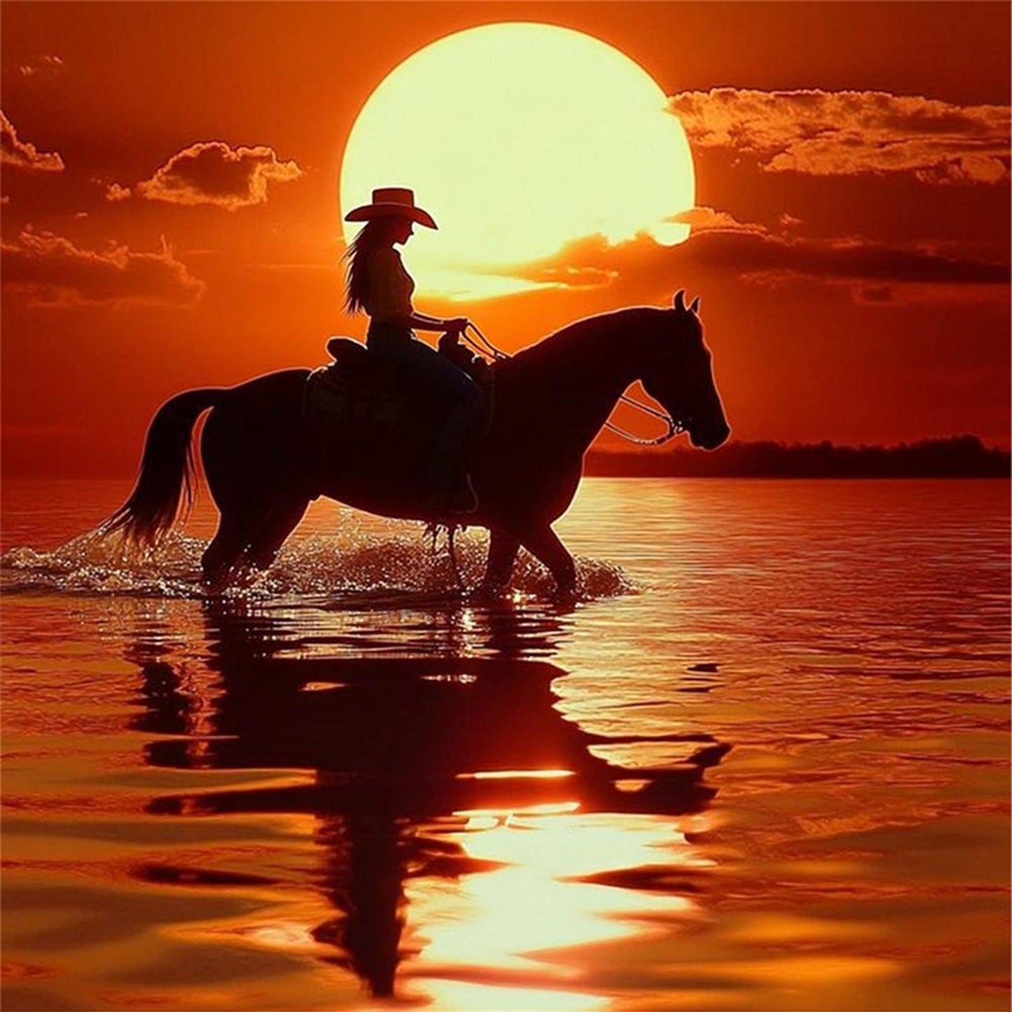 Girl Riding Horse At Sunset - Full 11CT Stamped Cross Stitch 40x40CM - Yishu