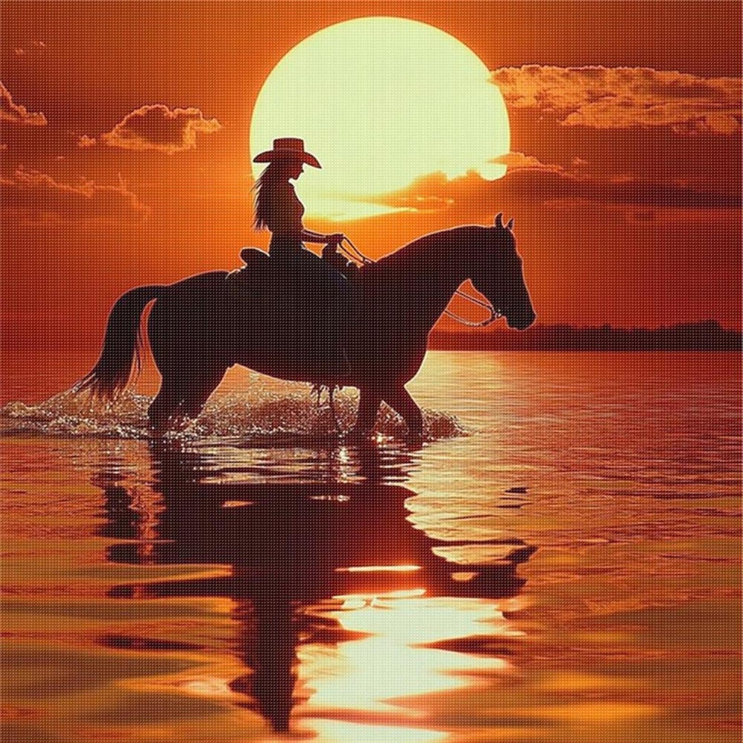Girl Riding Horse At Sunset - Full 11CT Stamped Cross Stitch 40x40CM - Yishu