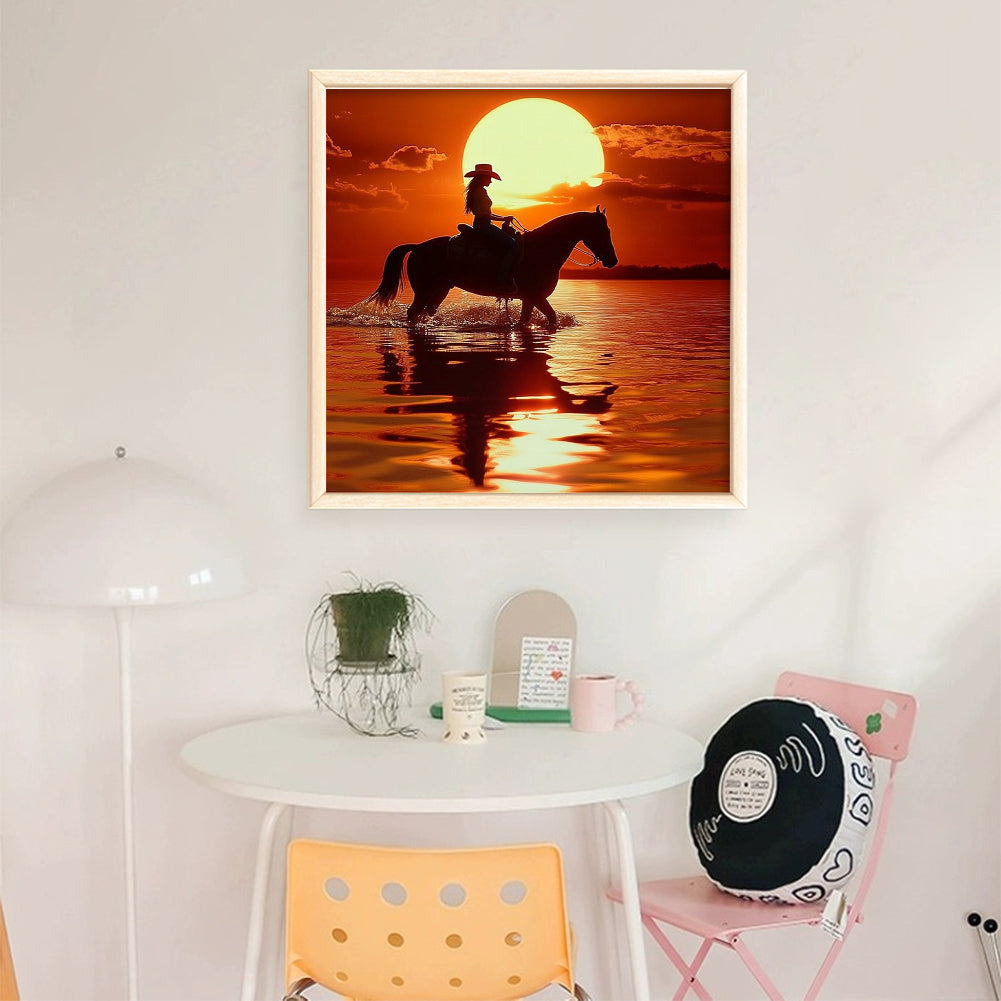 Girl Riding Horse At Sunset - Full 11CT Stamped Cross Stitch 40x40CM - Yishu