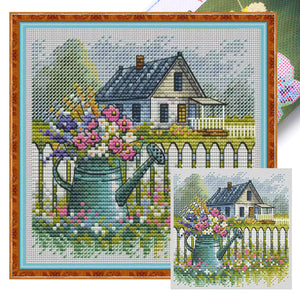 Flower Can and House - 23*23CM  Stamped Cross Stitch(Fairy Brand)
