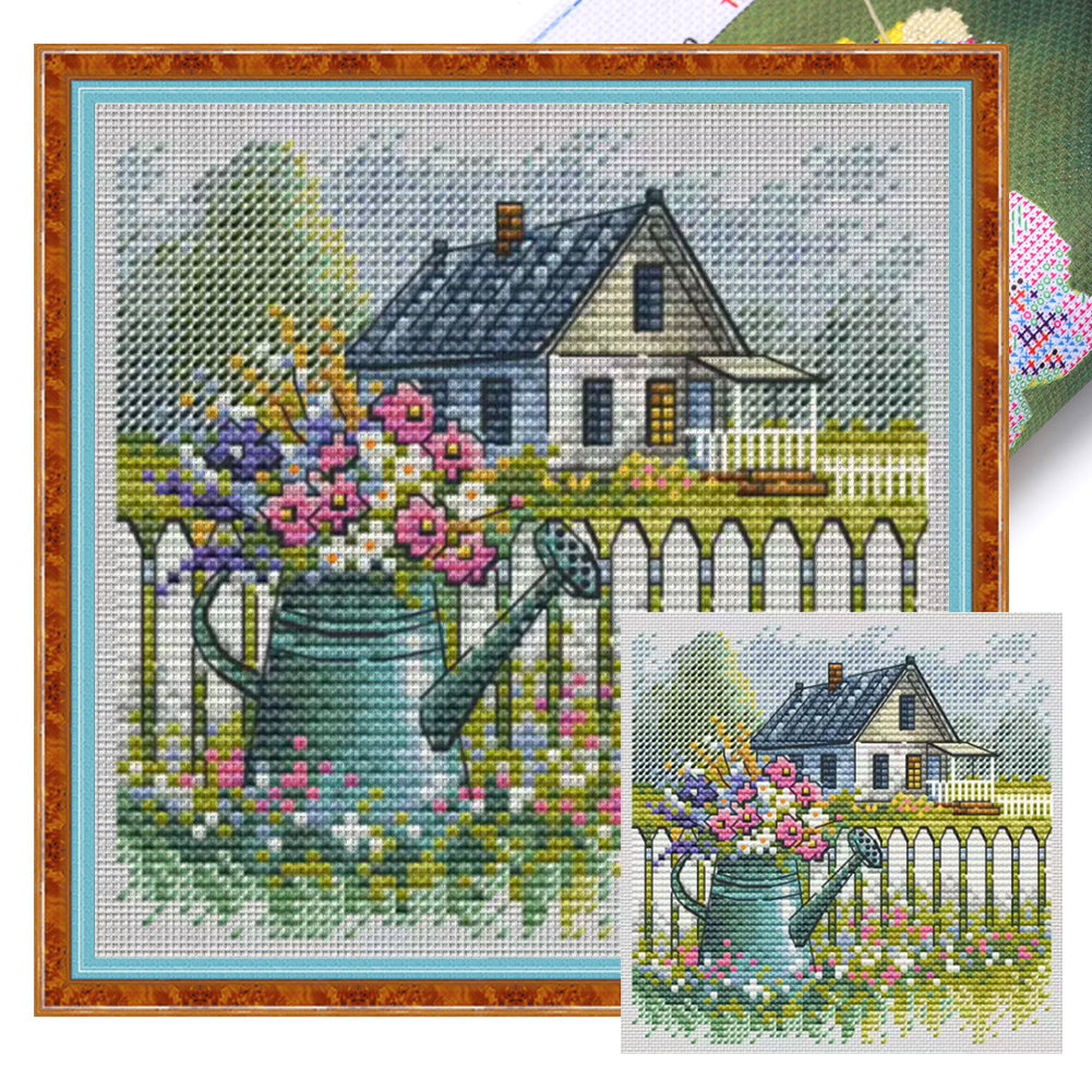 Flower Can and House - 23*23CM  Stamped Cross Stitch(Fairy Brand)