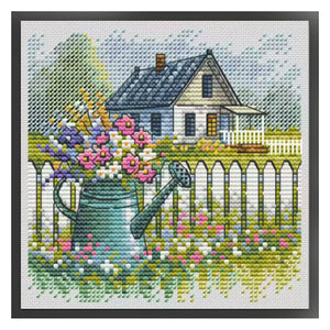 Flower Can and House - 23*23CM  Stamped Cross Stitch£¨Fairy Brand£©