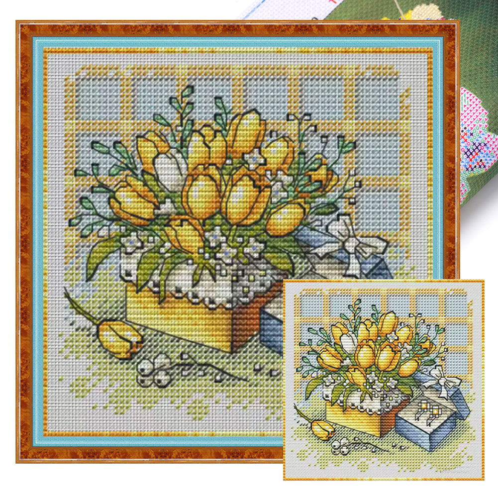 Yellow Tulips and Gift Box - 23*23CM  Stamped Cross Stitch(Fairy Brand)