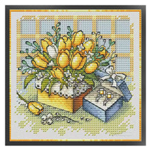 Load image into Gallery viewer, Yellow Tulips and Gift Box - 23*23CM  Stamped Cross Stitch（Fairy Brand）
