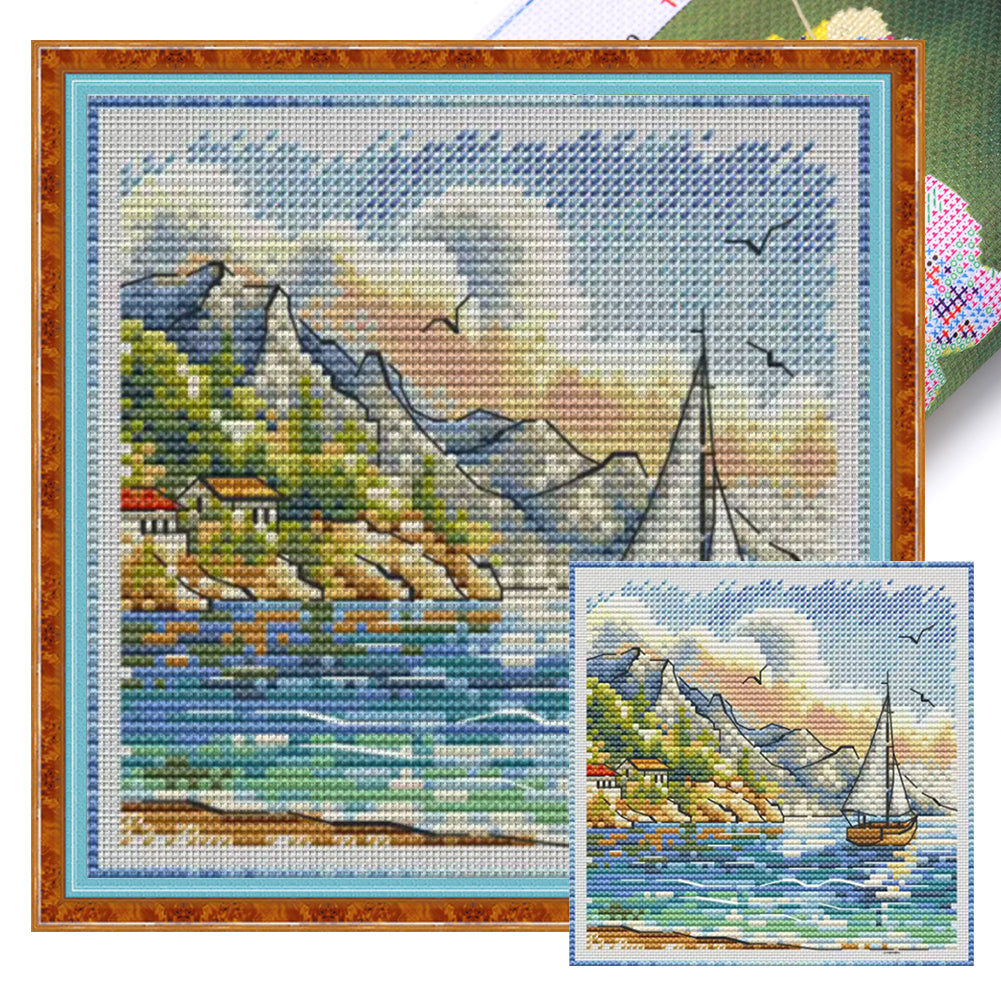 Mountains and Boat - 23*23CM  Stamped Cross Stitch£¨Fairy Brand£©