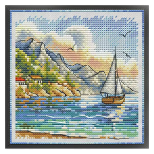 Mountains and Boat - 23*23CM  Stamped Cross Stitch（Fairy Brand）