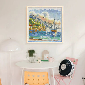 Mountains and Boat - 23*23CM  Stamped Cross Stitch（Fairy Brand）
