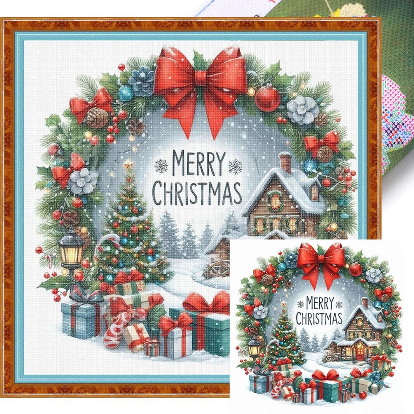 Christmas Cabin - Full 14CT Stamped Cross Stitch 40x40CM - Huacan