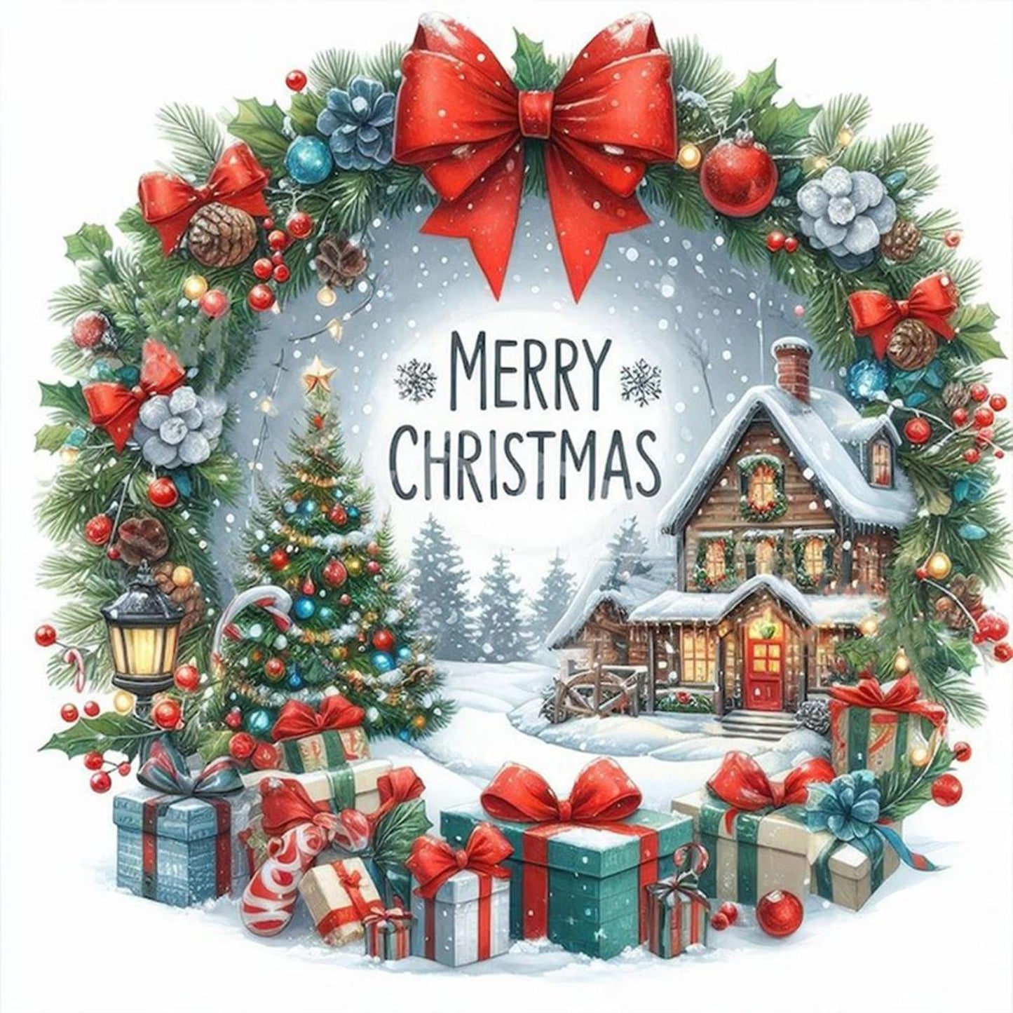Christmas Cabin - Full 14CT Stamped Cross Stitch 40x40CM - Huacan