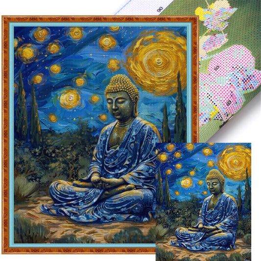 Buddha Statue Under Starry Sky - Full 11CT Stamped Cross Stitch 40x50CM - Huacan
