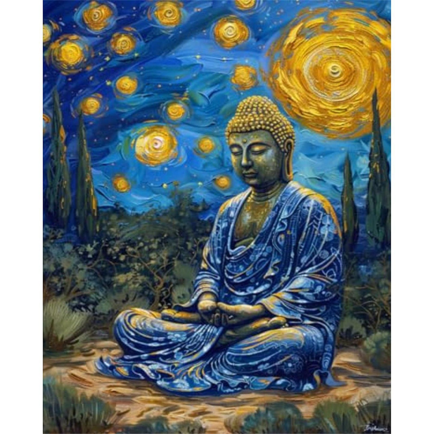 Buddha Statue Under Starry Sky - Full 11CT Stamped Cross Stitch 40x50CM - Huacan