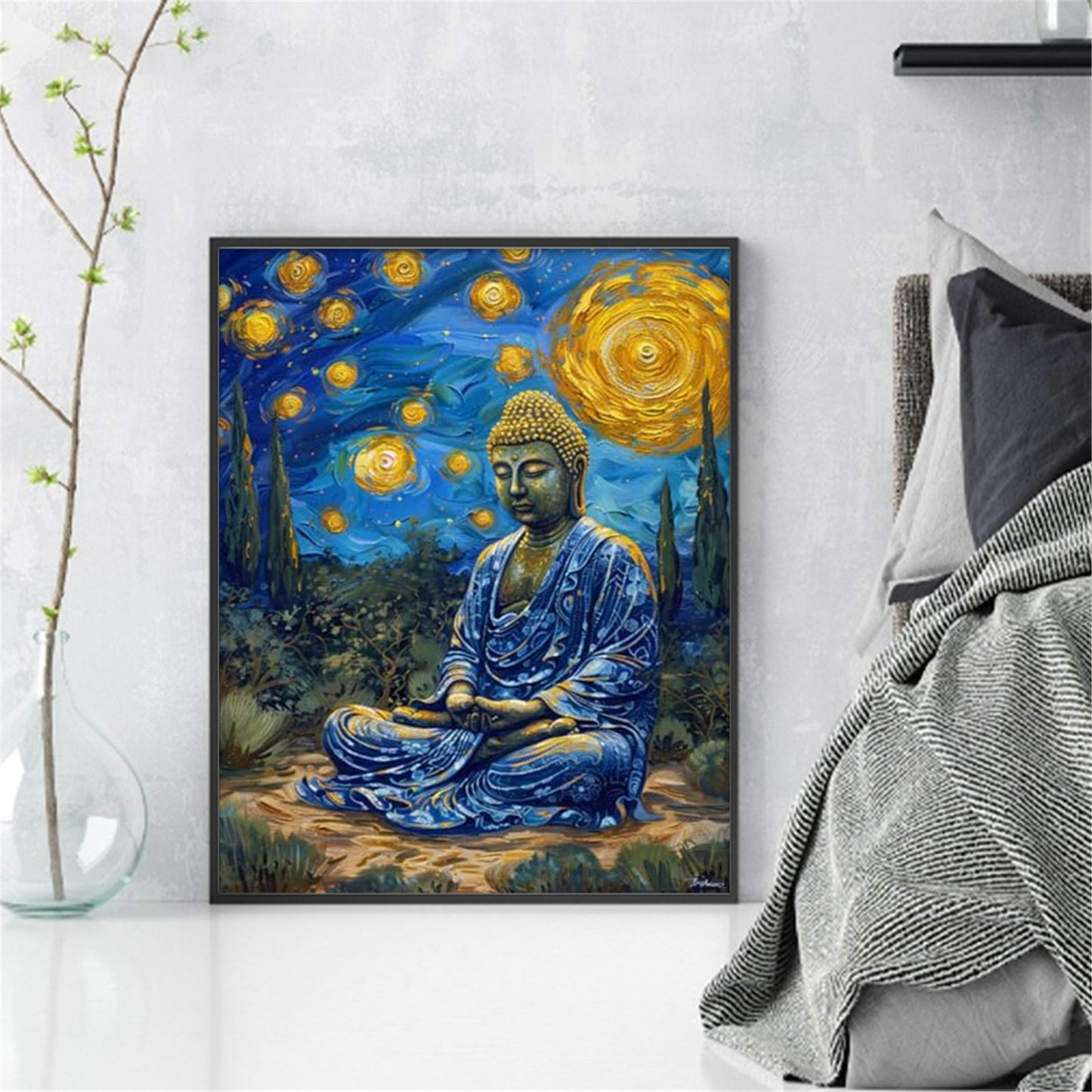 Buddha Statue Under Starry Sky - Full 11CT Stamped Cross Stitch 40x50CM - Huacan