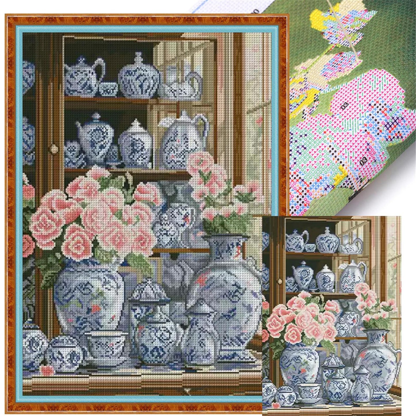 Camellia On Porcelain - Full 11CT Stamped Cross Stitch 50x70CM - Mona Lisa
