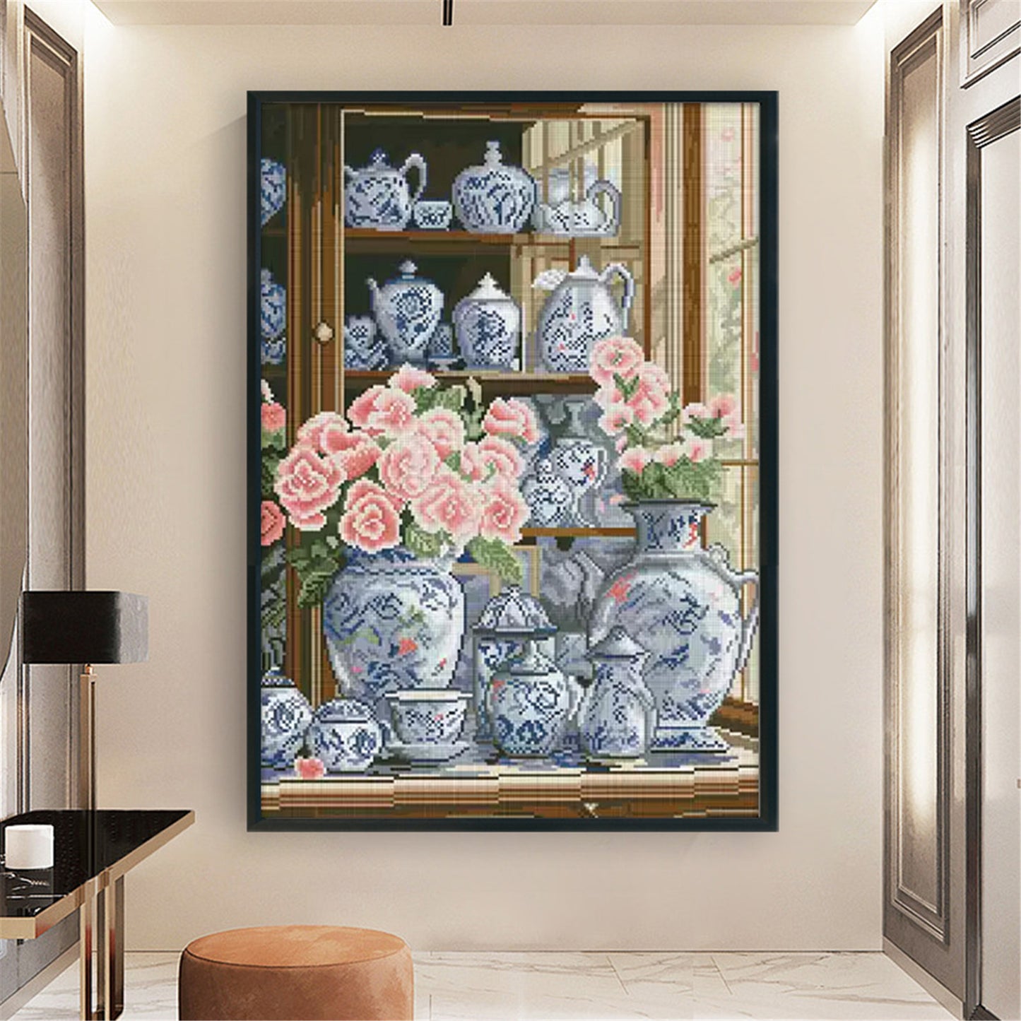 Camellia On Porcelain - Full 11CT Stamped Cross Stitch 50x70CM - Mona Lisa
